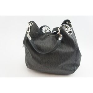 VGC Michael Kors Black Signature Monogram Leather Shoulder Bag Silver Hardware